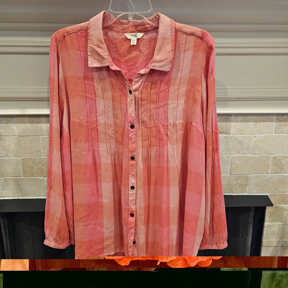 Terra & Sky Pink Plaid Womens Viscose Blouse 1XL 16-18